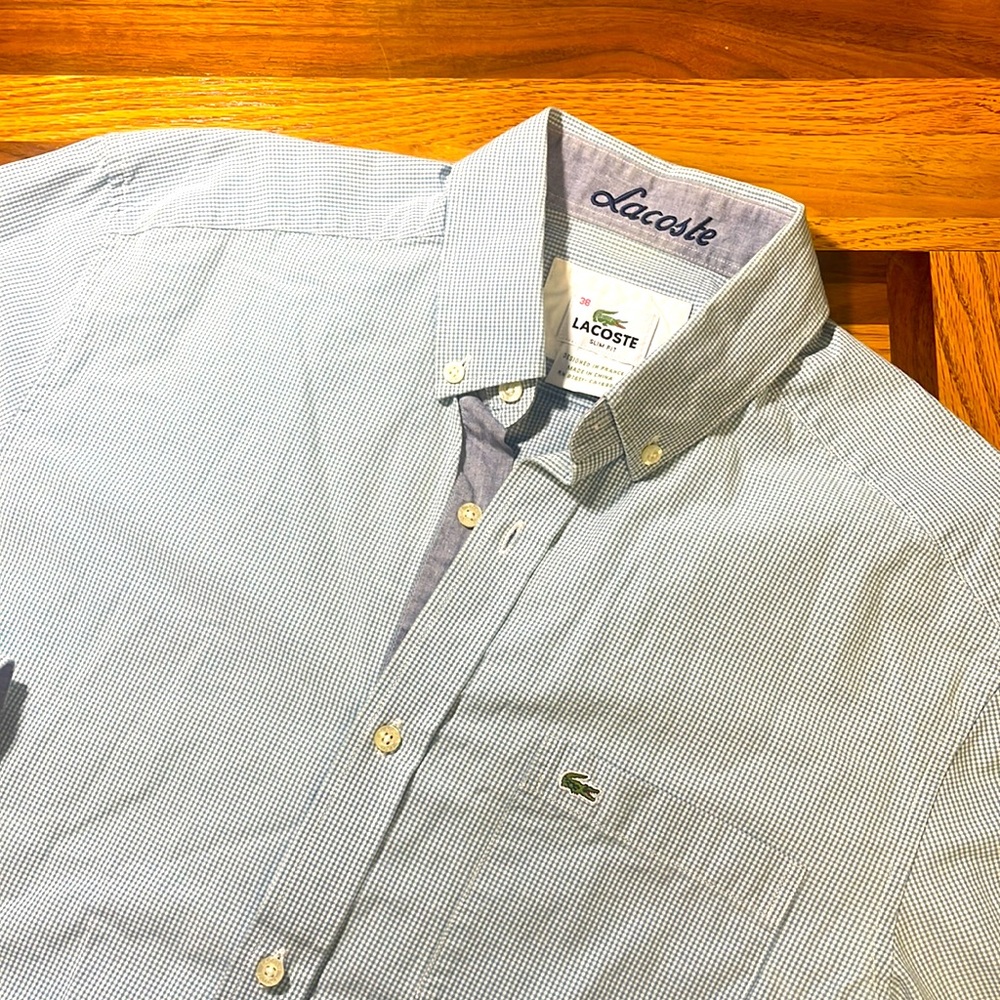 Lacoste mens M Medium 38 green checkered plaid oxford slim fit shirt EUC